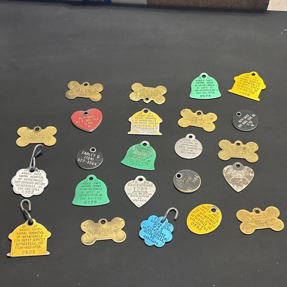 23 Vintage Dog Tags Rabies Vaccination Waynesville NC Pet ID Milk-Bone 1980s